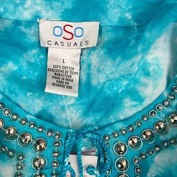OSO Casuals Blue Tie Dye Tunic Stud Detail neck Size L - Picture 8 of 8